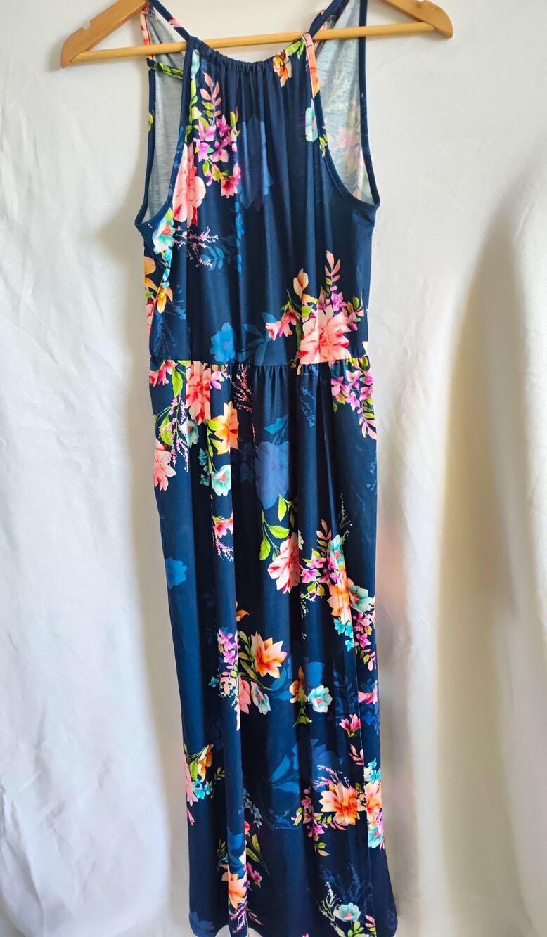 Women’s Blue Multicolor Floral Scoop Neck Jersey Sleeveless Jumpsuit M
